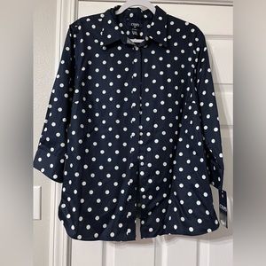 New w/ tags navy w/ white polka dots button down shirt.
